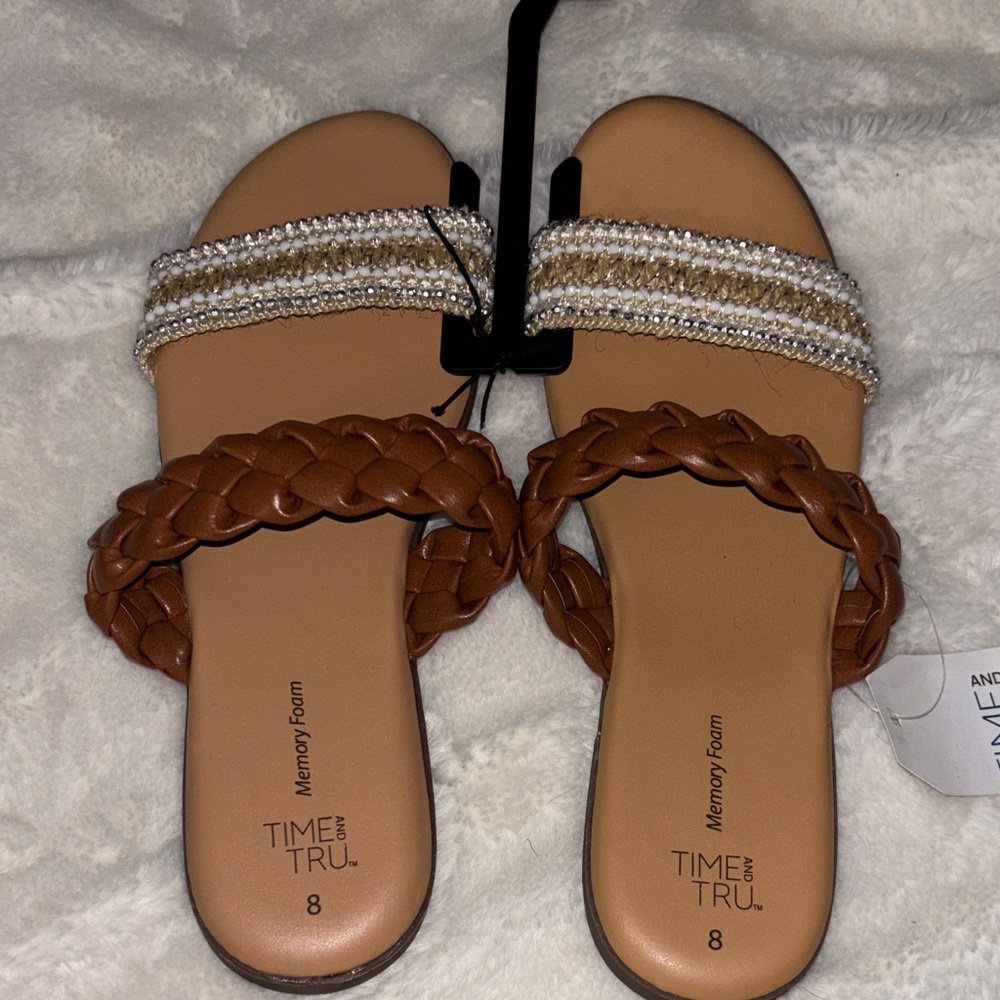 Time and Tru Brown Braided Slide Sandals with Beaded Strap